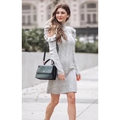 WAYF Cable Knit Sweater Dress Mock Neck Ruffle Gray Cold Shoulder Small NWT - Image 1 of 4