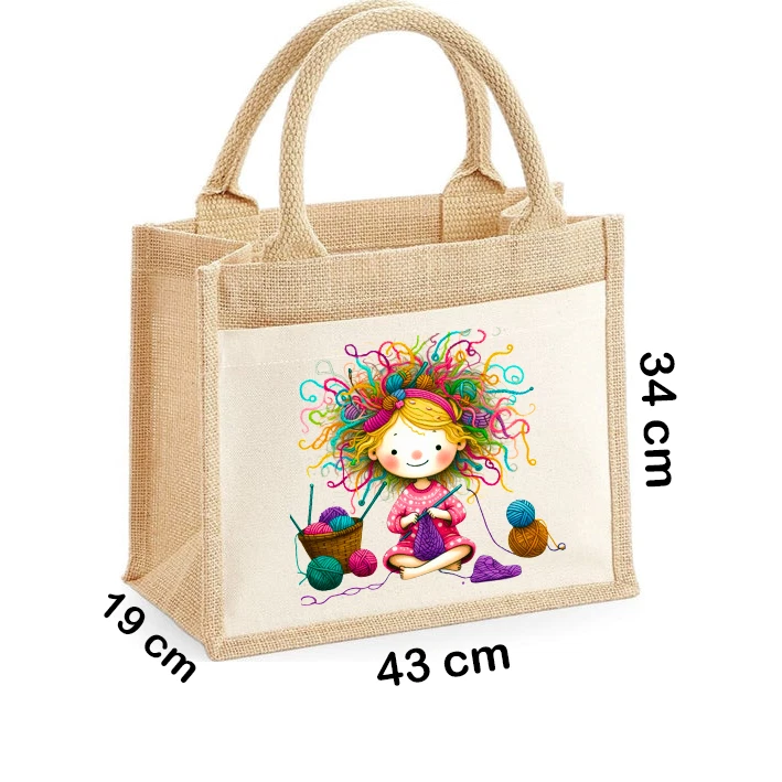 Personalised XL Jute Tote Bag Cute Girl Crocheting Yarn Add your name/text - Image 1 of 1