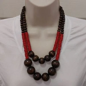 Vintage Polished Wood Double Strand Statement Necklace Pullover Styling - Picture 1 of 6