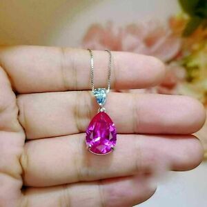 1.50Ct Pear Simulated Pink Ruby Solitaire Pendant Free Chain 14k White Gold Over