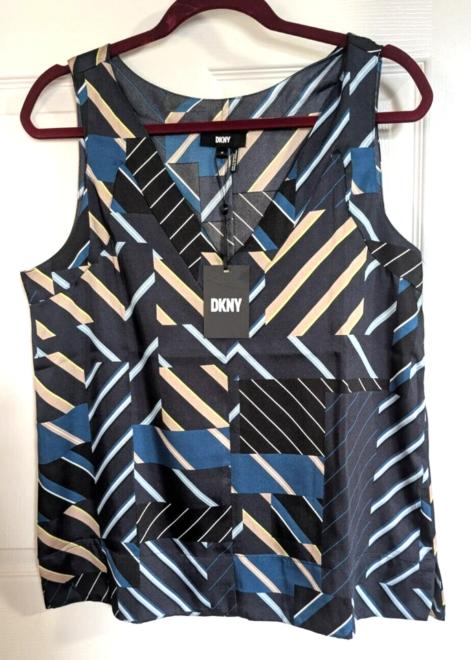 NUEVO CON ETIQUETAS DKNY Camiseta sin mangas con estampado geométrico azul marino y tostado talla M Foto 1 de 3