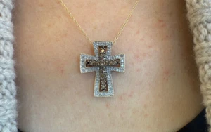 0.60 ctw White Champagne Diamond Cross Pendant Necklace 14k Gold - Picture 1 of 10