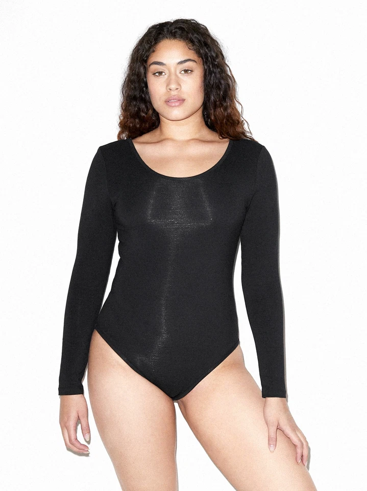 American Apparel Cotton Spandex Long Sleeve Double U-Neck Bodysuit- Black, XL - Image 1 of 4