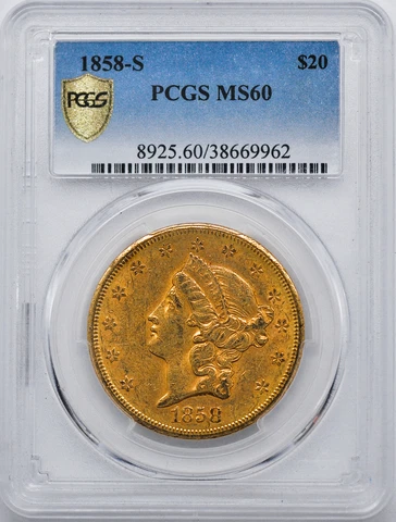 1858-S LIBERTY HEAD $20 PCGS MS 60 Cover
