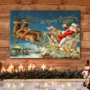 Merry Christmas Wall Art Canvas Print Santa Claus Flying Reindeer Art Decor - Picture 1 of 7
