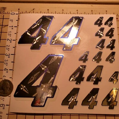 Chrome Diamond Plate w/Blue-Wh #4's  Racing Numbers Vinyl Decal Sheet 1/10-1/12  - Image 1 of 4