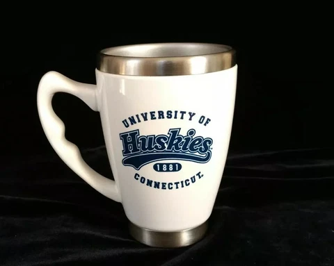 Vintage UCONN University of Connecticut Huskies Ceramic & SS Coffee Tea Cup/Mug Cover