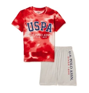 NWT Sz 10 12 U.S. Polo Assn. Kids Pajama Set Top Shorts Boy Girl Red Tie Dye - Picture 1 of 3