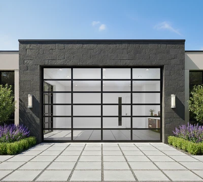 Puerta de garaje con vista completa marco negro mate anodizado de 10 pies por 10 pies con vidrio transparente Foto 1 de 4