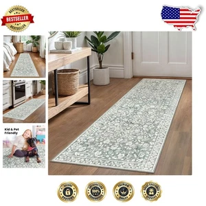 Alfombra floral vintage suave salvia y gris 2x6 pies - lavable a máquina y resistente a la decoloración - Imagen 1 de 10