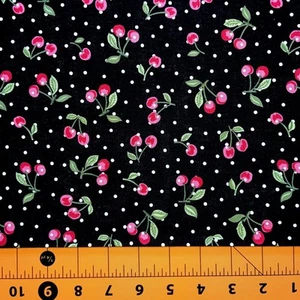 Fabric Traditions | Pink Cherry Toss on Black & White Polka Dot | YARD - Picture 1 of 1