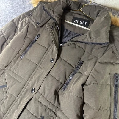 GUESS Olive Green Puffer Coat Faux Fur Trim Hooded Winter Warm Jacket - Image 1 of 4