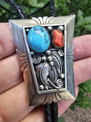 Отличный ** НАВАХО боло и подвеска ** драгоценный камень бирюза коралл родной серебро новом **  - Изображение 1 из 4