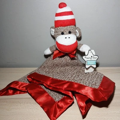 Manta de seguridad de felpa Sock Monkey Lovey blanca roja acurrucarse compañero bebé iniciadores Foto 1 de 3
