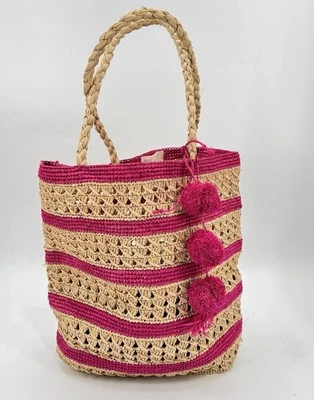 Mar Y Sol Catalina Raffia Straw Tote Bag Pink Stripe Pom Pom Charm Beach Bag - Image 1 of 4