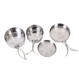 4Pcs Portable Cookware Set Stainless Steel Cooking Pot/Lid/Frying Pan for Picnic - Picture 1 of 8