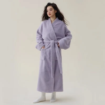Lady Thick Bathrobe Soft Absorbent Bath Towel with Belt Long Gown Autumn Winter - Image 1 of 4