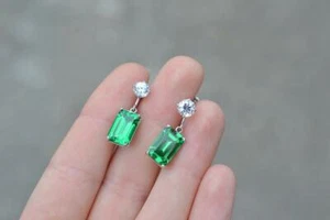 1.70Ct Emerald Moissanite Green Emerald Drop/Dangle Earrings 14K White Gold Over - Picture 1 of 3