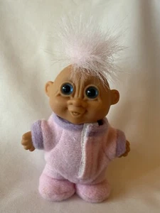 Russ Baby Troll Doll Pink Footed Pajamas Back Flap Pink Hair Blue Eyes Vintage - Picture 1 of 11