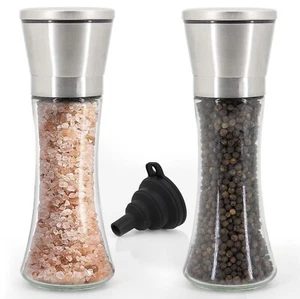 Salt & Pepper Grinder Set - Manual SS & Glass Mills w/Funnel for Easy Filling - Picture 1 of 6