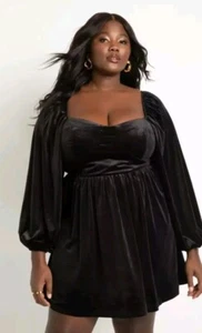 Eloquii Black Velvety Babydoll Dress Long Sleeve Sweetheart Mini Sz 16 LBD NWT - Picture 1 of 9