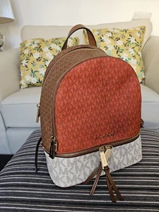 Michael Kors Orange White Brown Logo Backpack - Picture 1 of 11