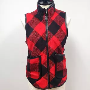 Jolt Full Zip Vest Red Black Plaid w/ Faux Leather Trim Pockets Women's Small - Picture 1 of 8