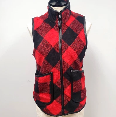 Chaleco Jolt Cremallera Completa Rojo Negro Cuadros con Bolsillos Bordados de Cuero Sintético Para Mujer Pequeño Foto 1 de 4