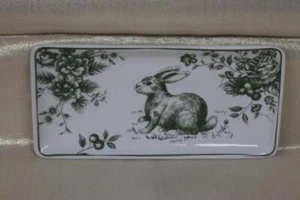EASTER BUNNY RABBIT GREEN AND WHITE TOILE RECTANGULAR APPETIZER PLATE OR TRAY - Picture 1 of 1