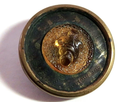 Antique Amber Glass Set in Metal Button, Wooden Log, Plaid Border Cover