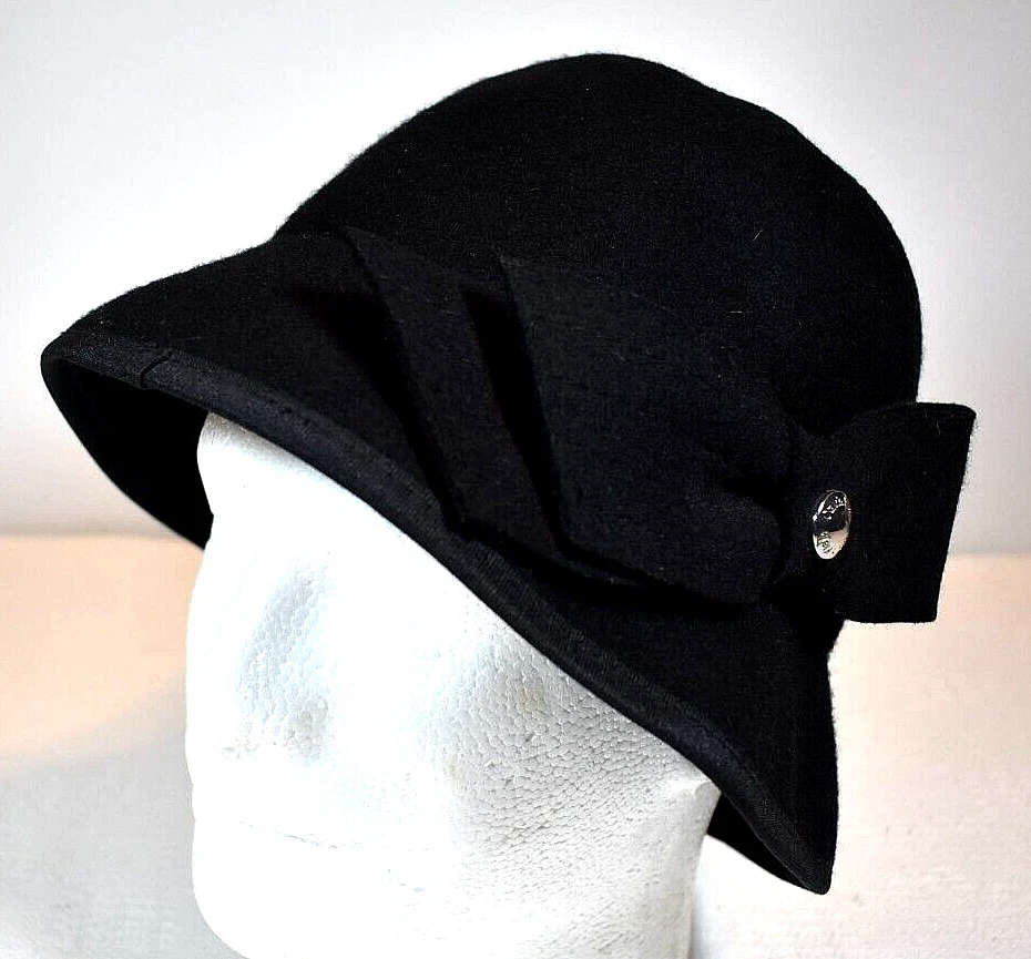 Sombrero de cubo Calvin Klein nuevo sin etiquetas negro de lana con lazo y detalles de botones plateados Foto 1 de 4