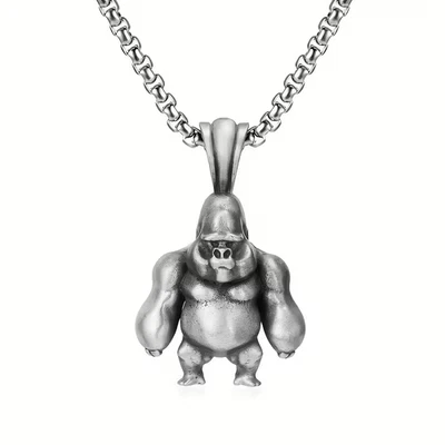 Gorilla Silver Back Necklace Stainless Steel Animal Jewelry Silvery Pendant - Image 1 of 4