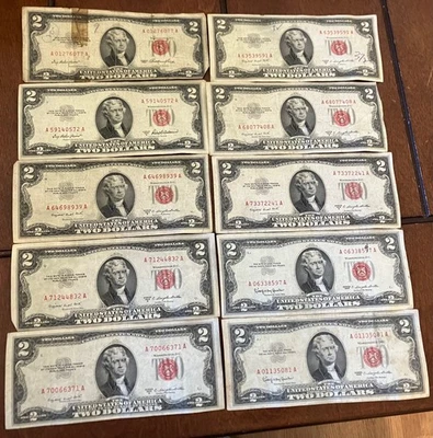 10- $2 BILLS,1-1953,1-53A, 6-53-B,2-63 FINE TO E-FINE, 53 HAS SMALL TEAR & TAPE - Image 1 of 3