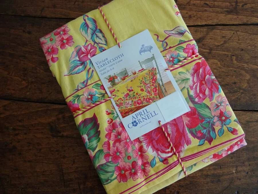 APRIL CORNELL VIVIAN PINK Green Yellow FLORAL Cotton TABLECLOTH 60x60" Square - Image 1 of 1
