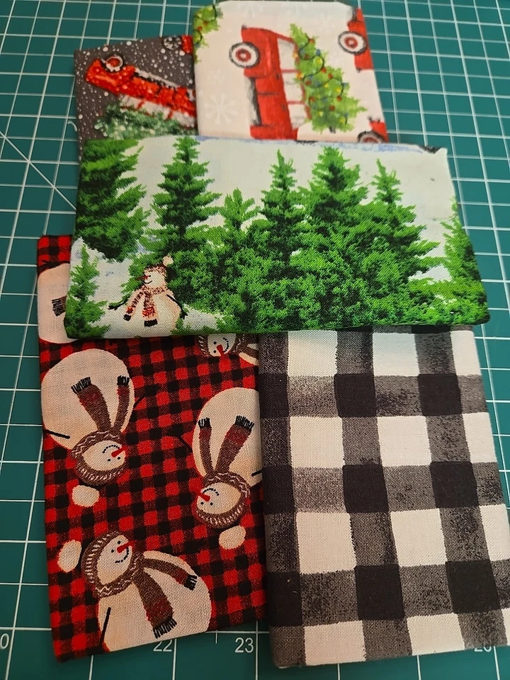 FAT QUARTER BUNDLE 5 -  Red Truck Frosty Plaid Vw Bus Trees Winter Christmas New - Image 1 of 4