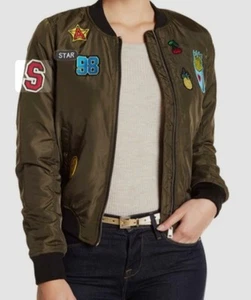 Patch Bomber Embroidered Aviator Jacket, Medium, Olive Green, Military, Top Gun - Picture 1 of 10
