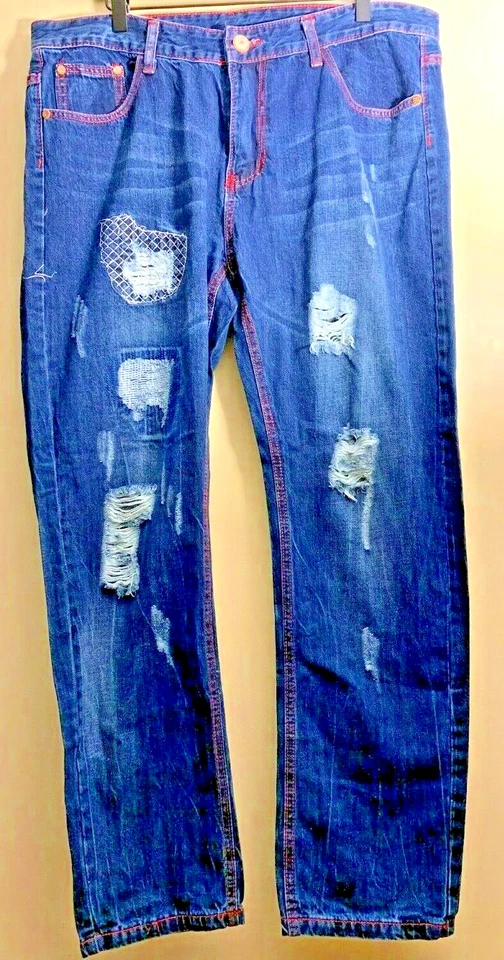 Pantalones de mezclilla para mujer desgastados 36 pulgadas cintura 29 pulgadas entrepierna marca de moda costuras rojas Foto 1 de 4