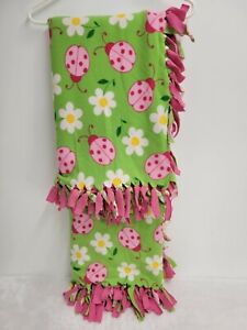 Handmade Fleece Girls Baby Blanket Fringed Edges Green W Ladybugs 51" x 48"