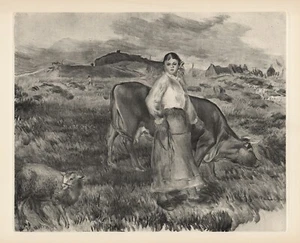 Galerie gerahmt 1919 RENOIR limitierte Gravur "Schäferin Kuh & Mutterschaf" SIGNIERT COA - Bild 1 von 2