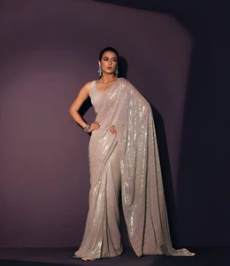 Indischer pakistanischer Bollywood Replik Sequenz Sari Hochzeit Party Kleidung Sari Bluse - Bild 1 von 8