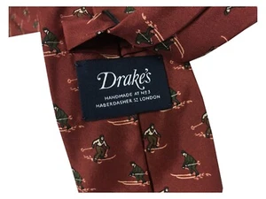 Drake’s London Men's Lined Tie Skier Pattern Brick Made In England - Picture 1 of 4