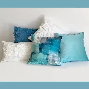 Mix & Match Hamptons Coastal White/Aquamarine 3D Flower Velvet Cushion Cover - Picture 1 of 24