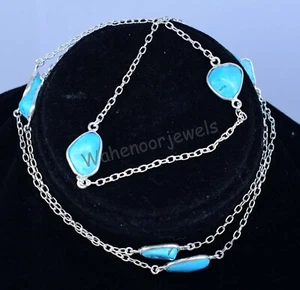 30 Inch Blue Turquoise Gemstone 925 Sterling Silver Beautiful Chain & Necklaces - Picture 1 of 10
