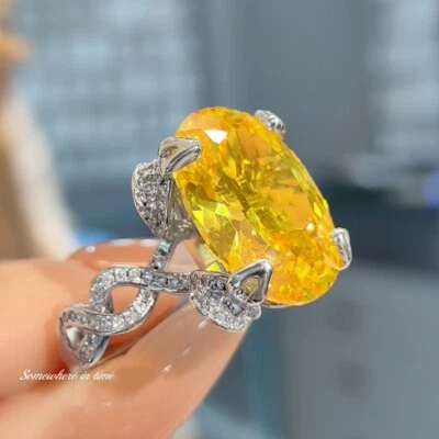 New 18mm Ice Flower Cut Oval Yellow Citrine Gemstone Fashion Women Silver Rings - Image 1 of 4