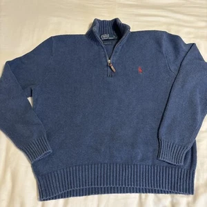 Polo Ralph Lauren Sweater Mens Large Blue Red Pony 1/4 Zip Ribbed Knit Mock - Picture 1 of 11