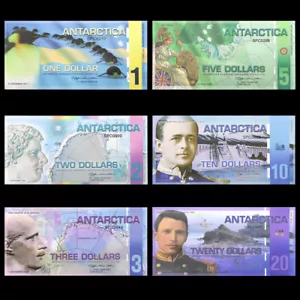 6pcs Antarctican Dollar 2007 Years 1 2 3 5 10 20 Dollars Banknotes PET 1:1 UNC - Zdjęcie 1 z 21