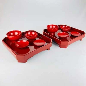 Pair of Antique Taisho Era C1920 Japanese Wood & Lacquer Settings w/ Trays and S - Picture 1 of 11
