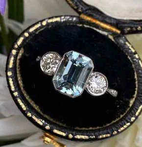 AAA 3.50 CT Aquamarine & Moissanite Engagement Ring 14K White Gold Solid - Picture 1 of 7