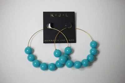KJL Kenneth Jay Lane Blue Turquoise Plastic Bead Statement Hoop Earrings New - Image 1 of 4