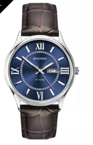 Sekonda Herren Braun Leder Armband Uhr Marine Zifferblatt Datum SB#4 - Bild 1 von 3